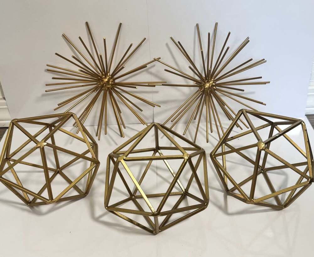 Gold Metal Geometric Dodecahedron and Sputnik Table and Wall Decor Set